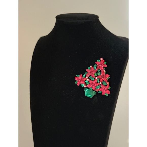 Christmas Poinsettia Flower Tree Brooch Pin Rhinestones Green Pot Holiday - Picture 2 of 5